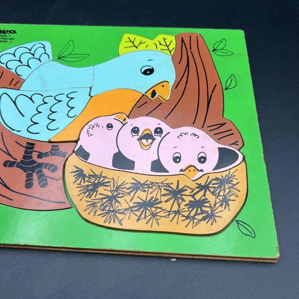 Vtg 70s PLAYSKOOL BIRD FAMILY 330-22 wood puzzle Green
